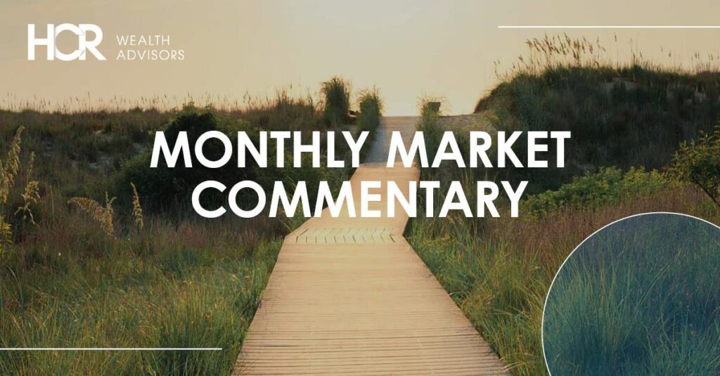 Wooden boardwalk path surrounded by grass under a soft sky with market commentary text.