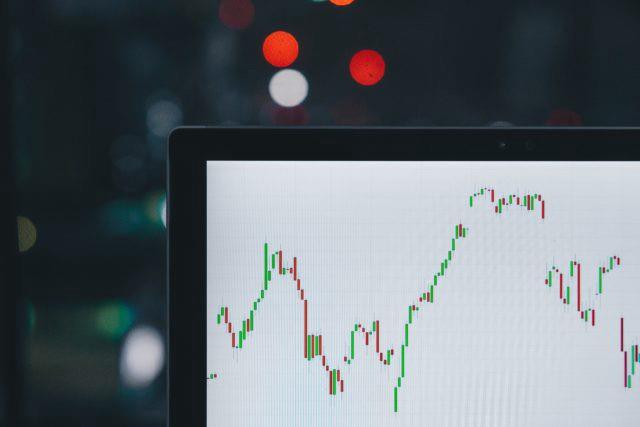 Close-up of a digital stock chart with candlestick patterns on a computer screen.