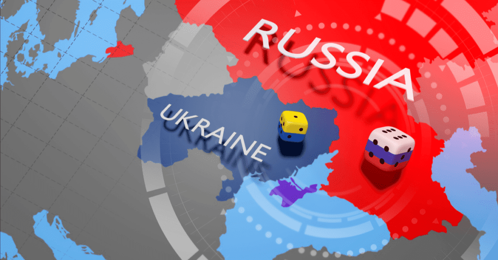 3D map highlighting Ukraine with a blue and yellow icon.
