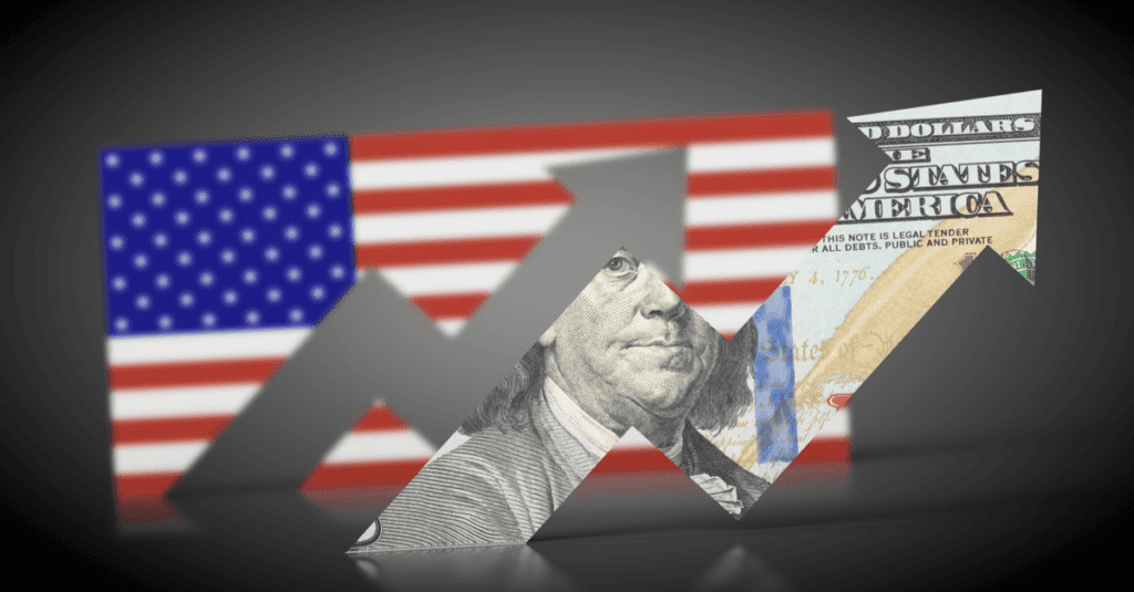 Arrow graph overlays Benjamin Franklin and American flag, symbolizing financial growth.