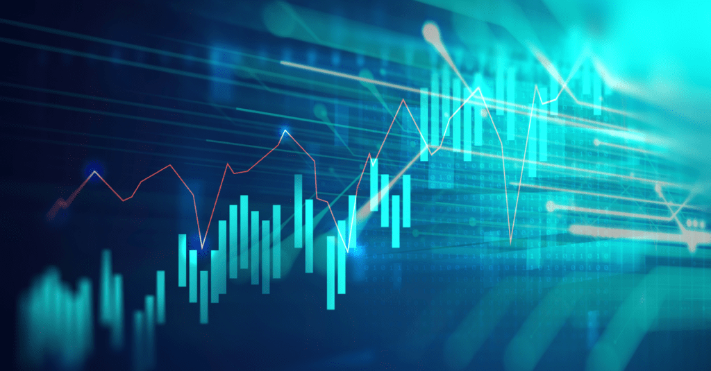 Digital stock market chart with rising and falling trends.