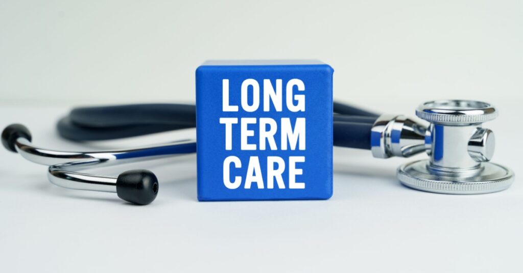 Blue block reading "Long Term Care" with stethoscope