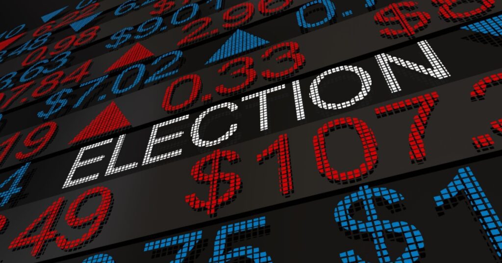 Digital display showing election betting odds and payout amounts.