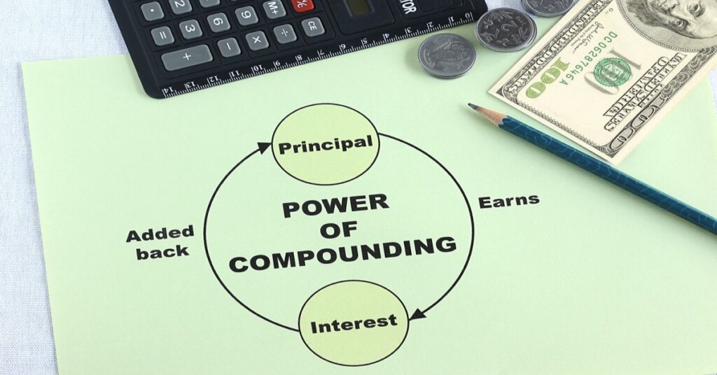 Diagram illustrating the power of compounding with principal, interest, and earnings.