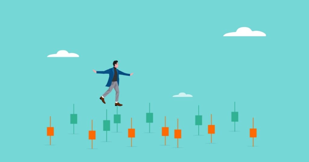 A person walking confidently on floating candlestick chart bars.