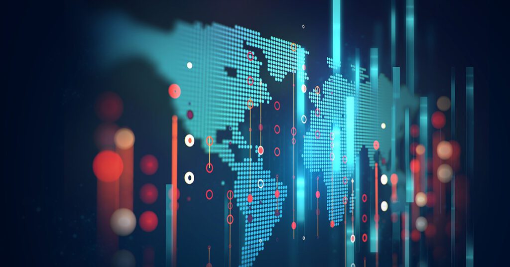 Futuristic digital world map with data points