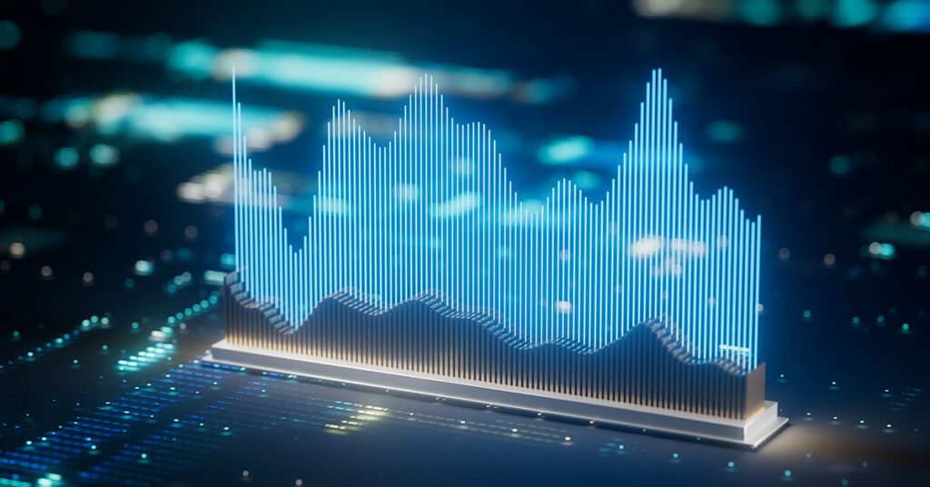 3D blue digital waveform on circuit board