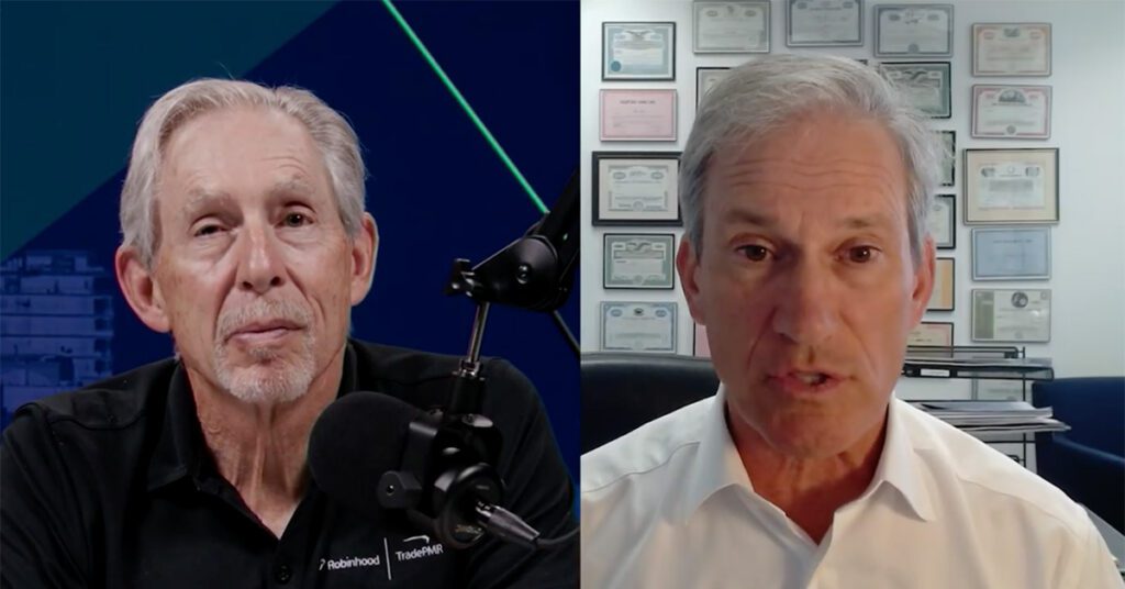 Split-screen video interview with two men
